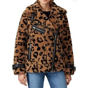 Avec Les Filles Womens Camel Black Leopard Faux Fur Coat Moto Jacket Large NWT